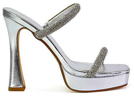Womens High Heel Platform Shoes Ladies Diamante Double Strap Square Toe Slip On Heeled Mule Sandals Size 3-8 Silver Metallic