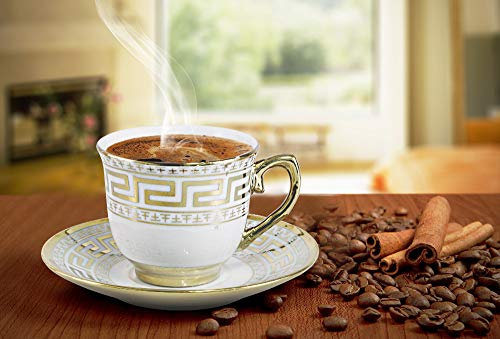 Bavary 2151 Lot de 6 tasses à expresso en porcelaine pour 6 personnes Blanc/doré 13 pièces Support en métal Motif Medusa Mäander Versac Style