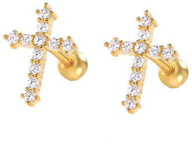 Beydodo Ohrringe Silber 925 Stecker, Ohrringe Mädchen Kreuz mit Zirkonia Ohrstecker Nickelfrei Damen Gold