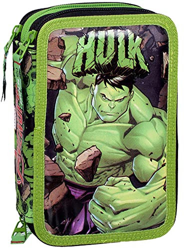 Clondo 3-Fach Federmäppchen für Avengers Hulk Fan – 44-teilig, komplett gefüllt – mit Schere, Lineal, Buntstiften –Grün – ideal für Schule & als Geschenk