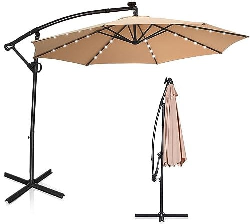 KOMFOTTEU LED Sonnenschirm, Gartenschirm mit Handkurbel, Terrassenschirm mit Ständer 360° Rotation, Ampelschirm Knickbar Neigbar, Marktschirm 300cm x 230cm, für Garten, Terrassen, Pool (Beige)