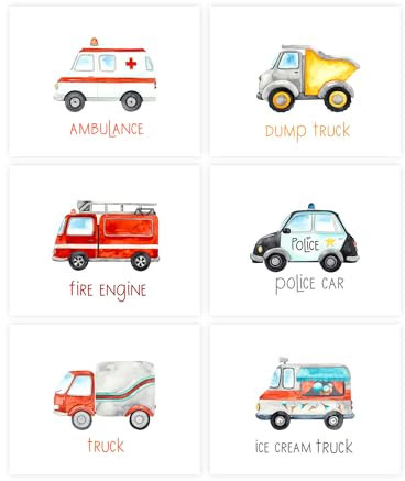 LKW-Wandbilder / Set of 6 Car Wandkunstdruck for Boys Room Decor / Toddler Boy Room Decor,Play room Decor Kids / Vintage Car Decor, Nursery Bedroom Set 6 Kids Room Decor Gifts (20cm x 25cm, Inches)