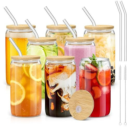 sungwoo Glass Cups with Bamboo Lids and Straws, 16OZ Ice Coffee Cup, Drinking Cup set with Wooden Lids, Home Essential Glass Tumblers for Beer, Cocktail, Tea and Latte Clear 4 Pack (8)