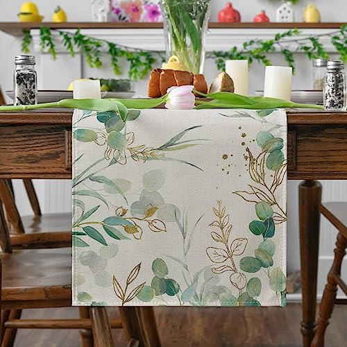 Xinlon Tischläufer Grün, Tischläufer Leinen, Botanische Tischtücher, Botanical Fresh Für Draussen Balkon Drinnen Party Urlaub Hochzeit Dekoration Wohnzimmer Dekor 33x180cm