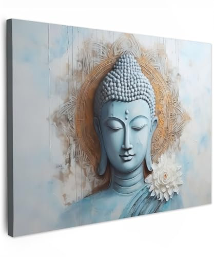 MuchoWow© Leinwandbild 80x60 cm Dekoration Wohnzimmer Bilder Aufhängen Wall Decoration Living Room Wohnungs Deko Moderne Buddha - Statue - Blau - Braun - Blume