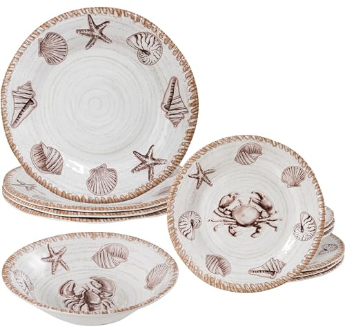 ZAROCRUS Rustikales Bauernhaus-Melamin-Geschirr-Set, 12-teilig, Teller und Schüsseln, Set mit Ozeanmotiven, für Terrasse, Vintage-Küstengeschirr, ideal für Wohnmobile, Wohnmobile, Antik-Hellbraun