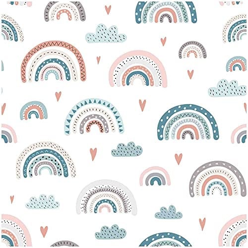 VmG-Store 1m Baumwollstoff zum Nähen 100% Baumwolle Nähstoff KEINE Meterware Kinderstoff Patchwork DIY Basteln Quilten Handwerken (Regenbogen Pastell Weiß Bc018)