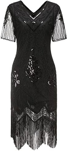 Gionforsy Damen 1920s Kleid mit Pailletten Kurzem Ärmel 20er Jahre Flapper Kostüm Kleid für Great Gatsby Motto Party Halloween Karneval Fasching (Schwarz, L)
