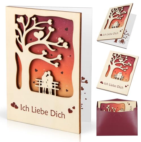 COCHIE Valentinstag Karte Ich Liebe Dich, Beschreibbare Karte aus Holz Liebe mit Umschlag, Jahrestag Geschenk für Sie,Ihn,Frau,Ehemann,Liebhaber