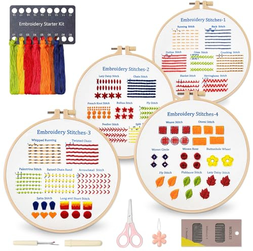 Dremisland 4 Stück Stickerei Set Stickerei Set Pflanzen Kreuzstich-Kit Starter Tools Kit mit 4 Stück Kunststoff Stickrahmen Sticken Set Erwachsene Handstickerei Kits mit Werkzeuge Video Anleitung
