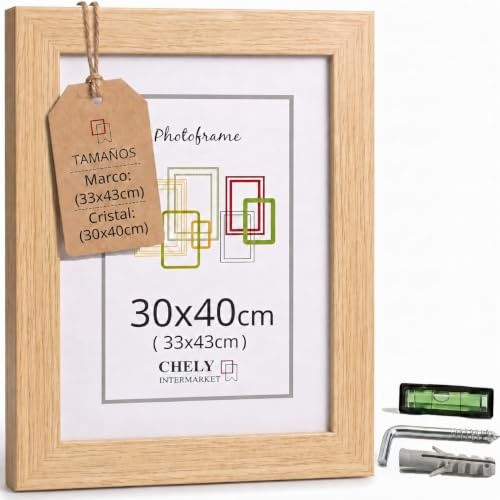 CHELY INTERMARKET MOD-254 Marco Fotos Madera Haya 30x40cm Estilo Acabado minimalista Decorativo Cuadro Horizontal Vertical Cristal Moldura Ancha Color Haya Decoración