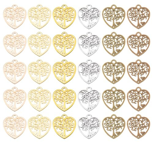 SUNNYCLUE 1 scatola 60 pezzi 6 colori Cuore Albero Della Vita Ciondoli Sfusi Piccoli Ciondoli Albero Lega Bronzo Oro Argento Pianta Fortunata Amore Fascino per Creazione di Gioielli Ciondoli Forniture