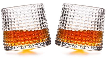 Beyond Happy Bicchieri ribaltabili in vetro spesso, design inclinabile, per whisky, liquore, rum (vetro borosilicato resistente, confezione da due)