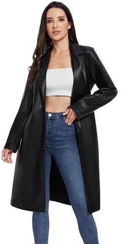 Fahsyee Damen Kunstleder Trenchcoat, Motorradjacken PU Moto Biker Jacke Enganliegend Schlanke Lange Jacke Schwarz Größe L