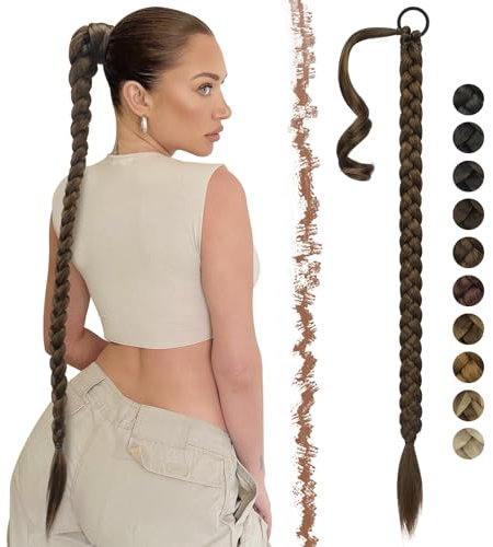FESHFEN Braid Extensions Pferdeschwanz Verlängerung mit Haargummi, 85 cm Lang Ponytail Geflochten Zöpfe Kunsthaar Haarverlängerung Braun Gemischt Hellbraun Zopf Haarteil für Damen