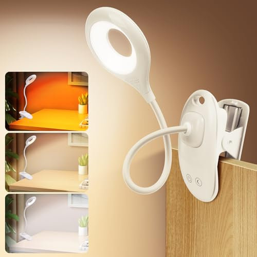 URAQT Lámpara de Escritorio, 22 LED Lámpara de Mesa con Clip 5 W 360°Lámpara de Escritorio Blanca Flexible, Función de Luz Nocturna/Atenuación Continua/ámbar 3 Colores USB Luz de Lectura Recargable