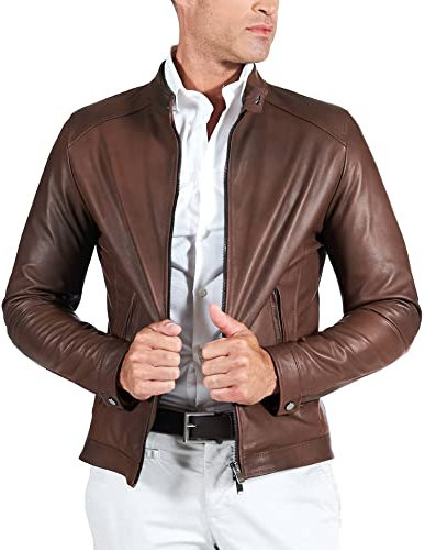 D'Arienzo Giacca Pelle Marrone Nuvolato Uomo Giubbino Moto Vera Pelle Made in Italy Ted 52/Marrone