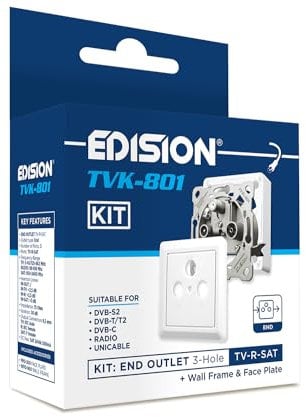 EDISION Prise Satellite TV TVK-801 KIT: Prise terminale TV-R-Sat 3 connecteurs Compris la Caratula et Cadre de Montage, DVB-S2, Unicable, DVB-T/T2, DVB-C, Radio, FM, Dab+, Passe DC, 3 Sorties