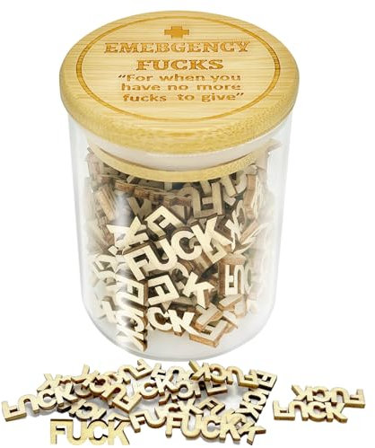 PICKONA Notfall Fuck Jar – Schimpfglas – Lustiges Give a Fuck-Glas – Holzausschnitt, Buchstabenstück, schlechte Laune, Lüftungsschlitz, Geschenk für Geburtstag, Weihnachten, Valentinstag, Gag,