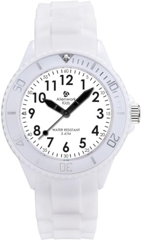 Alienwork Kids Lernuhr Kinderuhr Jungen Mädchen Weiss Silikon-Armband Schwarz Kinder-Uhr Zeit Lernen Leucht-Zifferblatt Armband