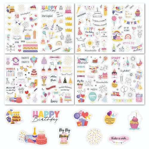 Sticker Geburtstag (4 Bögen 170 Motive), Aufkleber für Fotoalbum oder Gästebuch, Liebevoll gestaltete Geburtstagssticker als Party Deko Erwachsene & Kinder (Deutsch und Englisch,Party Rosa)