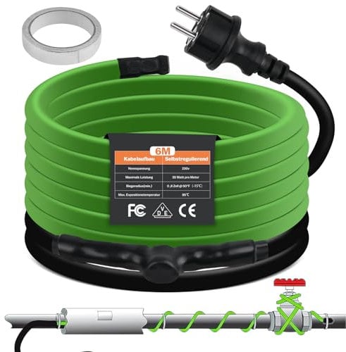 Vrietina Selbstregulierendes Heizkabel, 6M Frostschutz Heizkabel mit eingebautem Thermostat zum Schutz von Wasserrohren Ideal für Pflanzen Wasserdichte mit Schutzkontaktsteck 35W/m 230V IP68
