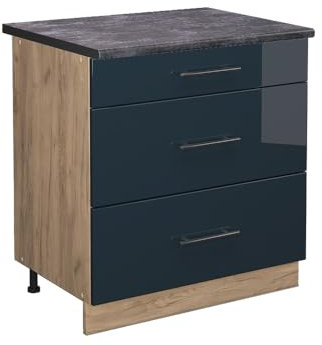Vicco Küchenunterschrank Fame-Line, Dunkelblau Hochglanz/Goldkraft Eiche, 80 cm mit 3 Schubladen, AP Anthrazit