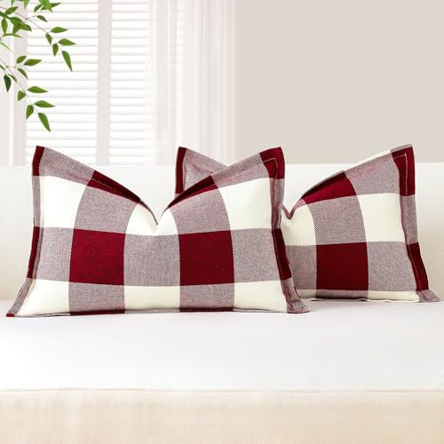 Sungeek 2er Set Buffalo Plaid Tartan Kissenbezüge, Dekorativ Zierkissenbezüge Weihnachten Kariert Kissenbezug Dekokissen Deko Bezug Kissenhülle für Sofa Schlafzimmer Wohnzimmer 30x50cm (Weiß+Rot)