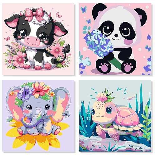 FLAJZ Lot de 4 peintures par numéros pour enfants de 4 à 8 ans (animal 1)