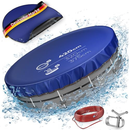 Poolabdeckung 200g /m3 - UV-behandelte 2-in1 Pooplane, beidseitig verwendbare Abdeckplane rund (Schwarz/Blau), inkl. 3mm Stahlseil & Seilspanner, verstärkte Kanten (Ø 420 cm)