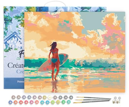 Figured'Art Peinture par Numéro Adulte avec Cadre Surfeuse à l'aube - Activité Manuelle Kit de Loisir Créatif DIY Numéro d'Art Complet - 40x50cm toile tendue sur châssis