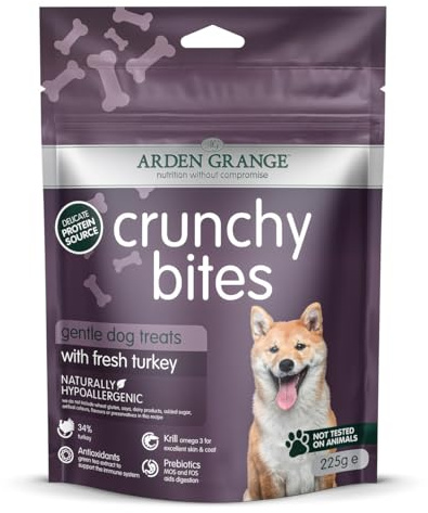 Arden Grange Crunchy Bites Turkey 10 x 225 g - Tasty Oven-Baked Dog Treats with 34% Turkey, Joint Support and Omega-3 - Naturally Hypoallergenic - Made in England
