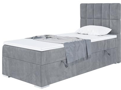 MEBLINI Boxspringbett mit Bettkasten - Gepolstert Einzelbett mit Matratze und Topper - Polsterbett mit Stauraum - Bett mit Kopfteil - Stauraumbett - Lukas - 100x200 Rechts - H4/Grau Samt