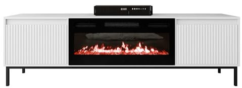 Mirjan24 TV Lowboard Ozmi 2K EF mit Elektrischem Kamin, Fernsehschrank, Fernsehtisch, Unterschrank, Realistische LED-Flamme, Mit Deko-Kristallen, Board, Schrank, TV-Bank (Weiß)