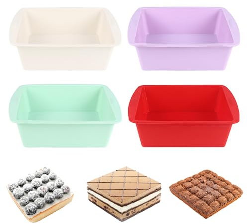Mlying 4 Stück Silikon Kuchenform Eckig, Silikon Brownie Backform, Quadratisch Silikonform für Kuchen, Brownie (Rot+Weiß+Lila+Grün, Quadratisch)