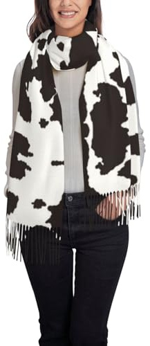 Kuilepa Warmer Damen-Schal mit Kuhfell und 2 Drucken, mit Quasten, warm, mit Fransen