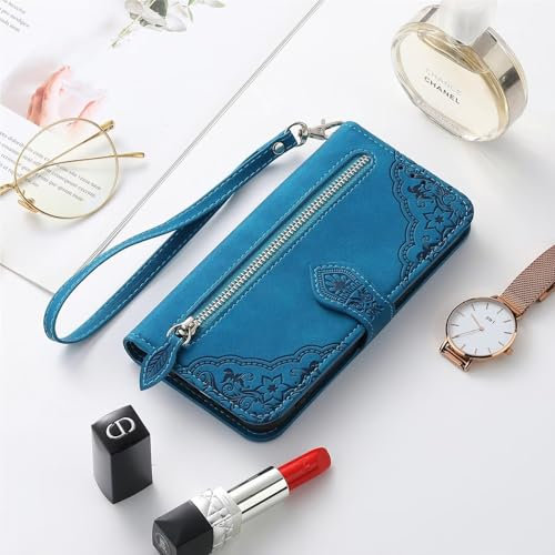 ATISIJIE Hülle klappbar für Xiaomi Redmi Note 10 4G / Note 10S Handyhülle,Leder Hülle mit Kartenfächer Reißverschluss Geldbörse Schutzhülle Magnetic Flip Wallet Handytasche-Blau