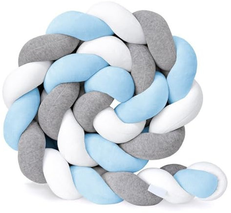 AmphaDeco Handgemachtes Zierkissen Nestchenschlange, Bequem Bettschlange Geflochten, Geflochten Bettschlange, Nestchenschlange Geflochten für Antikollisionskopf,Weiß grau blau,150cm