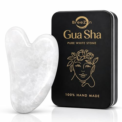 BreeZen GROẞER Gua Sha Weiß – Massage-Stein für Gesicht & Körper aus Naturquarz – Extra Dick 10mm | Reduziert Doppelkinn, Falten | Für Gesicht, Hals, Beine – Geschenk für Frauen