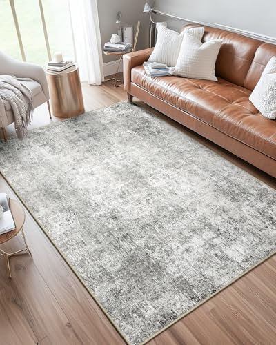 DEFYNEE Abstraktes Teppich Wohnzimmer 90x150 cm, rutschfest, Kurzflor aus Kunstwolle, waschbar, minimalistisch, Bettvorleger für Wohnzimmer, Schlafzimmer & Büro, Grau-Weiß