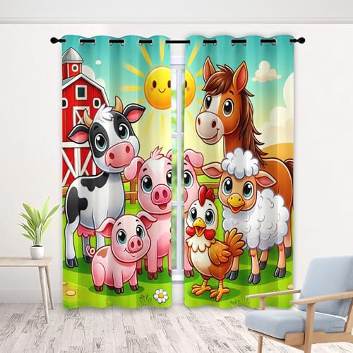 Generisch Bauernhof Tiere Vorhang, Wohnzimmer Schlafzimmer Blickdichte Vorhänge, Cartoon Kinder Gardinen, mit Ösen Verdunkelungsvorhang, Vorhänge 2er Set, 150x166 cm Gqi&X-182
