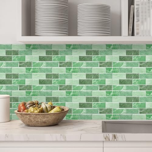 Mosaikfliesen 12x24 cm Smaragdgrüner Marmor Fliesenaufkleber Bad Küche Wasserdicht Küchenrückwand Selbstklebend Möbeldekoration Fliesenfolie für Schrank Tisch Klebefliesen (10 Stück)