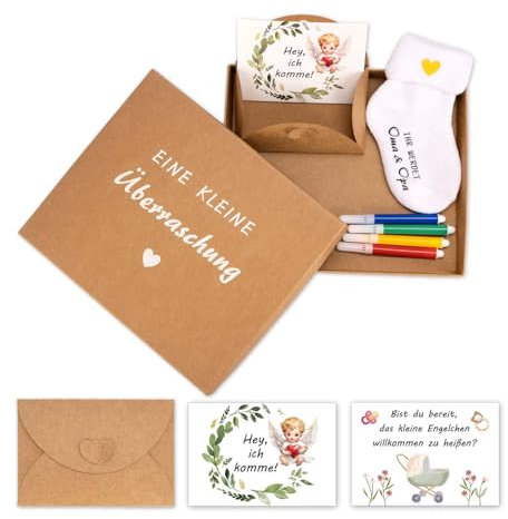 Schwangerschaft Verkünden Ideen, Ihr Werdet Oma Und Opa, Baby Überraschung Geschenk Set für Großeltern, Enthält Baby Socken Neugeborene, Geschenkbox, Karte, Briefumschläge Schön Und Watercolor Stifte