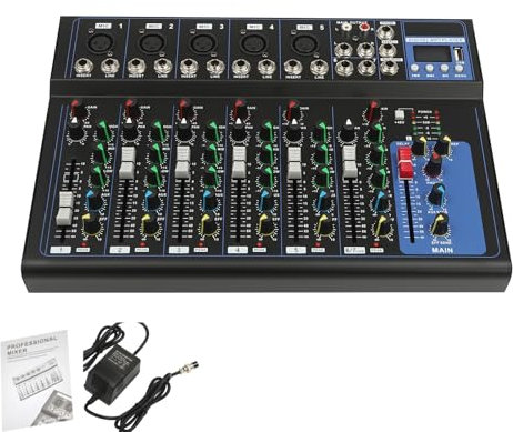 Bluetooth Portable Audio Mixer 7-Channel Professional Stereo Mixer Digital USB Computer Jack 3-Band Equalizer 6 Music Modes 48V Phantom Power Stereo DJ Mixer LCD Display For DJ,Recording,Stage