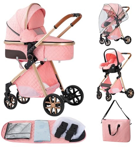 ALYIKOU-poussette 3 en 1，Combinaison pliable poussette 3 in 1，poussette bebe 0 a 3 ans Housse de pluie, sac Mommy, moustiquaire, accessoires de siège, adaptateur universel (LV9 Couleur rose)
