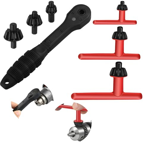 Ratschen-Bohrfutter-Schlüssel Set – Einseitiger Griff mit 3 austauschbaren Bohrfutterköpfen (1,5–10mm, 1,5–13mm, 3–16mm) + 3 Bohrfutterschlüssel (3/8, 1/2, 5/8)
