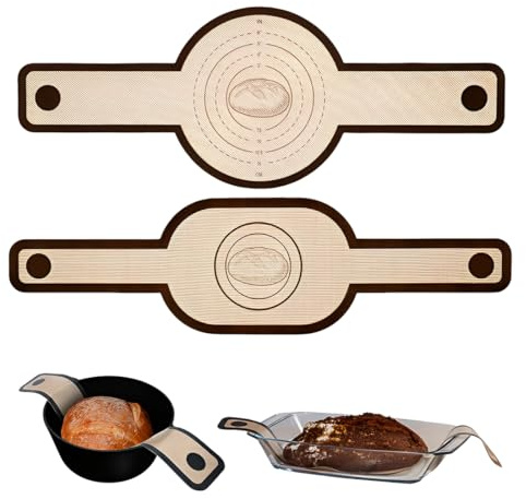 OUDQFCJ 2 PCS Tapis de Cuisson en Silicone pour Cocotte en Fonte, Accessoires de Pâtisserie, Tapis à Pâte avec Longues Poignées, Réutilisable pour Pâte à Pain
