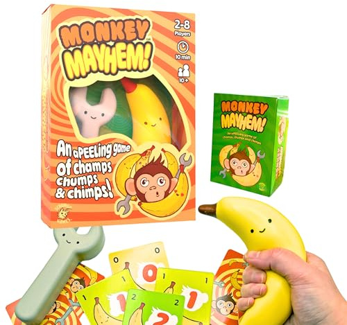 Scrungo Games Monkey Mayhem Fun Card Game –A game of champs, chumps, and chimps!| Hilarious Strategy Game for 2-8 Players, Ages 10+ | Includes 107 Cards, Banana & Wrench