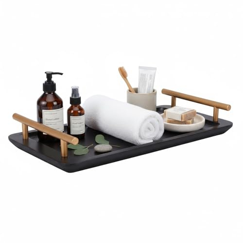 Punorric Bathroom Tray, Black Decorative Decorative Tray with Handle, Rectangle Countertop Organizer Perfume Storage for Cosmetic Perfume Jewelry Soap Candle Plant Tissue