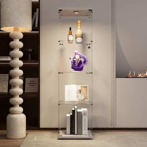SUNFECILI Glasvitrine mit LED-Beleuchtung,Modern Vitrine mit 4 Regalen und 1 Türen Glasschrank，Aufbewahrungsschrank, robust und langlebig, für Schlafzimmer, Büro (Einzeltür, Weiß)